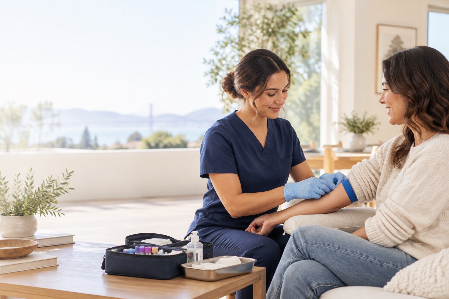 A Lemedix phlebotomist drawing blood from a smiling patient at home, with the Golden Gate Bridge in the window